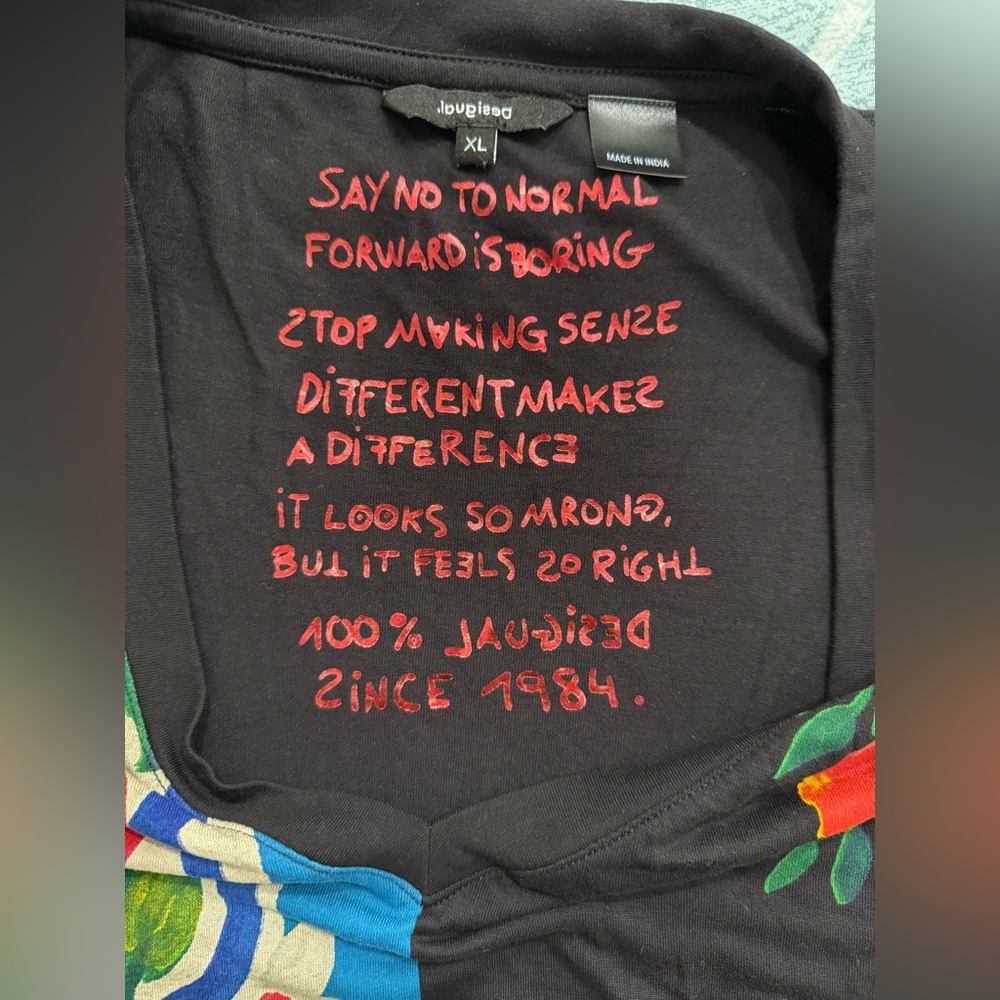 Desigual black short sleeve v neck w/ many patterns (fits like a large) - Picture 3 of 16